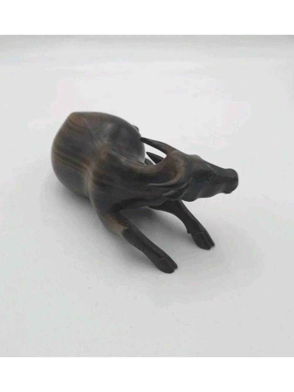 Vintage Hand Carved Wooden Resting Bull Ox Figurine Dark Wood Animal Sculpture